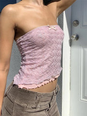 Retro  Lace Patchwork Tube Y2K Strapless Off Shoulder Fairy Irregular Hem  Crop Top