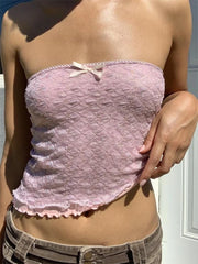 Retro  Lace Patchwork Tube Y2K Strapless Off Shoulder Fairy Irregular Hem  Crop Top