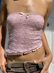 Retro  Lace Patchwork Tube Y2K Strapless Off Shoulder Fairy Irregular Hem  Crop Top