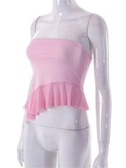 Retro Strapless Off Shoulder Tube Y2K Sleeveless Irregular Hem Ruffles Slim Fit Solid  Crop Top