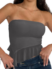 Retro Strapless Off Shoulder Tube Y2K Sleeveless Irregular Hem Ruffles Slim Fit Solid  Crop Top