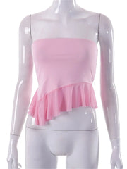 Retro Strapless Off Shoulder Tube Y2K Sleeveless Irregular Hem Ruffles Slim Fit Solid  Crop Top