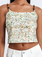 Retro Summer Top Floral Print Spaghetti Strap Sleeveless Mini Vest for Streetwear Clubwear  Crop Top