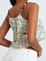 Retro Summer Top Floral Print Spaghetti Strap Sleeveless Mini Vest for Streetwear Clubwear  Crop Top