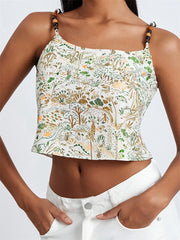 Retro Summer Top Floral Print Spaghetti Strap Sleeveless Mini Vest for Streetwear Clubwear  Crop Top
