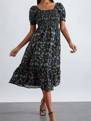 Retro Summer Floral Print Square Neck Short Puff Sleeve Ruched Midi Dress