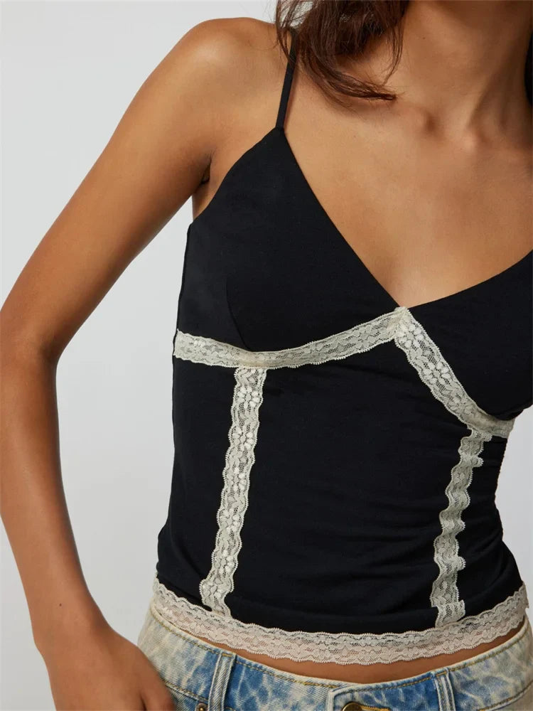 Retro V Neck Sleeveless Spaghetti Strap Lace Patchwork Summer Slim Fit Party Mini Vest Clubwear Crop Top