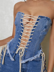 Bustiers Corsets Summer Party Clubwear Strapless Off Shoulder Criss-cross Tie-up Irregular Hem Vests Crop Top
