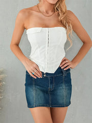 Corsets Solid Back Zip Up Summer Strapless Backless Bustiers Streetwear Aesthetic Exposed Navel Tank Crop Top