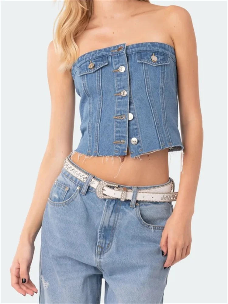 Denim Tube Strapless Slim Fit Button Down Bustiers Corsets Streetwear Summer Off Shoulder Vests Crop Top