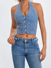 Halter Off Shoulder Sleeveless Backless Buttons Up Summer Denim Vest Club Party Streetwear  Crop Top