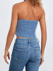 Halter Off Shoulder Sleeveless Backless Buttons Up Summer Denim Vest Club Party Streetwear  Crop Top