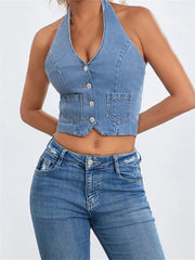 Halter Off Shoulder Sleeveless Backless Buttons Up Summer Denim Vest Club Party Streetwear  Crop Top