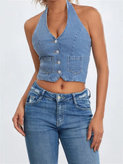 Halter Off Shoulder Sleeveless Backless Buttons Up Summer Denim Vest Club Party Streetwear  Crop Top
