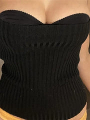 Knitted Ribbed Top Sleeveless Spaghetti Strap Solid Color Slim Fit V-neck Push Up Vest Clubwear Crop Top