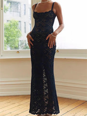 Lace Floral Mesh Sleeveless Back Split Black Beach Maxi Dress