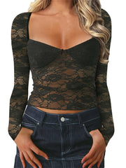 Lace Floral Crop Long Sleeve Casual Pullovers Club T-shirts