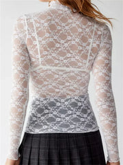 Lace Turtleneck Mesh See Through Fall Club Streetwear  T-shirts