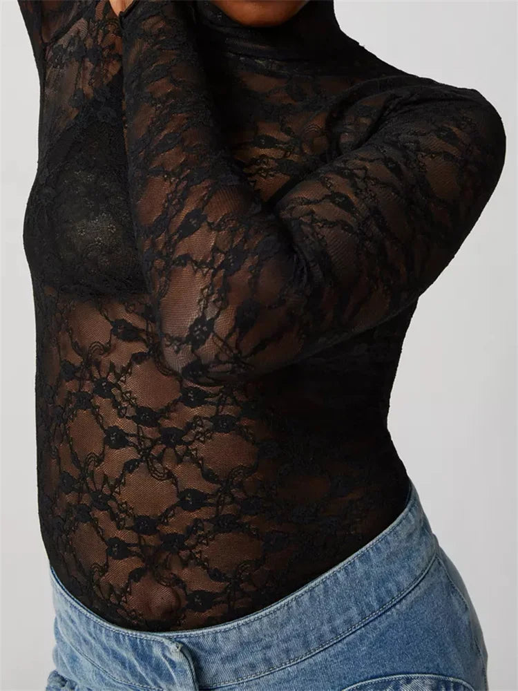 Lace Turtleneck Mesh See Through Fall Club Streetwear  T-shirts