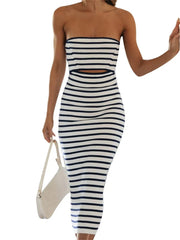 Off Shoulder Knitted Strapless Backless Striped Patchwork Midi Dress