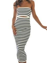 Off Shoulder Knitted Strapless Backless Striped Patchwork Midi Dress