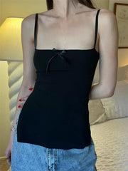 Slim Front Satin Bowknot Patchwork Spaghetti Strap Mini Vest Side Split Streetwear  Crop Top