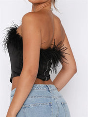 Solid Tube Feather Patchwork Strapless Summer Irregular Hem Exposed Navel Mini Vest Streetwear Crop Top