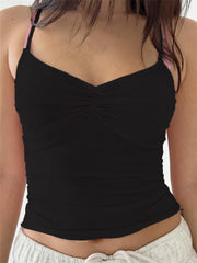 Solid V-neck Ruched Bowknot Embellished Sleeveless Backless Summer Mini Clubwear  Crop Top