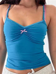 Solid V-neck Ruched Bowknot Embellished Sleeveless Backless Summer Mini Clubwear  Crop Top