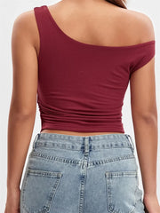Summer Asymmetrical Hem Solid Color Off Shoulder Ruched Slim Cropped Mini Vest Streetwear  Crop Top