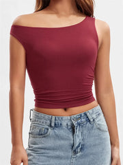 Summer Asymmetrical Hem Solid Color Off Shoulder Ruched Slim Cropped Mini Vest Streetwear  Crop Top