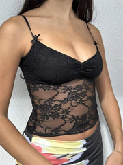 Summer Fashion Sleeveless Deep V Neck Lace Floral Mini Vest Party Club See Through  Crop Top