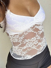 Summer Fashion Sleeveless Deep V Neck Lace Floral Mini Vest Party Club See Through  Crop Top