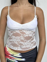 Summer Fashion Sleeveless Deep V Neck Lace Floral Mini Vest Party Club See Through  Crop Top