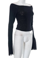 Summer Slim Fit Off Shoulder Black Backless Short Clubwear  T-shirts