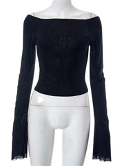 Summer Slim Fit Off Shoulder Black Backless Short Clubwear  T-shirts