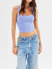 Sleeveless Low Cut Square Neck Causal Cropped Streetwear  Slim Fit Solid Color Short Mini Vests Crop Top