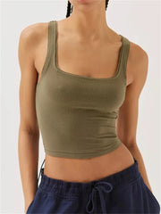 Sleeveless Low Cut Square Neck Causal Cropped Streetwear  Slim Fit Solid Color Short Mini Vests Crop Top