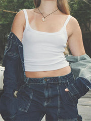 Sleeveless Strap Ribbed Causal Cropped Top Summer Solid O-neck Slim Fit Exposed Navel Mini Vest  Crop Top