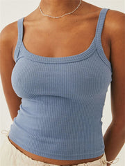 Sleeveless Strap Ribbed Causal Cropped Top Summer Solid O-neck Slim Fit Exposed Navel Mini Vest  Crop Top