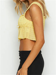 Spaghetti Strap Front Split Lace-up Square Neck Ruched Solid Mini Vest Streetwear  Crop Top