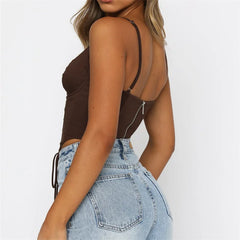 Spaghetti Strap Criss-cross Hollow Out Lace-up Bustiers Top Solid Color Tube Back Zip Up Vests Crop Top