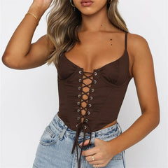 Spaghetti Strap Criss-cross Hollow Out Lace-up Bustiers Top Solid Color Tube Back Zip Up Vests Crop Top