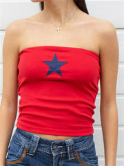 Star Print Strapless Tube Cropped Summer Party Clubwear Off Shoulder Slim Causal Mini Vest  Crop Top