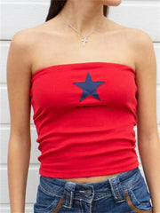 Star Print Strapless Tube Cropped Summer Party Clubwear Off Shoulder Slim Causal Mini Vest  Crop Top