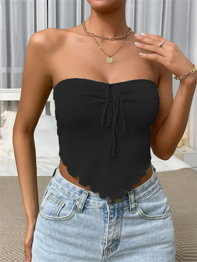 Strapless Off Shoulder Tube Top Summer Party Clubwear Front Tie-up Ribbed Irregular Hem Mini  Crop Top