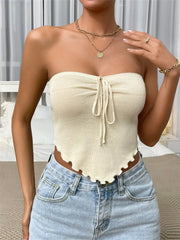 Strapless Off Shoulder Tube Top Summer Party Clubwear Front Tie-up Ribbed Irregular Hem Mini  Crop Top