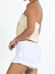 Strapless Ruffles Ribbed Tube for  Summer Off Shoulder Front Lace-up Slim Fit Solid Mini Vest New Crop Top