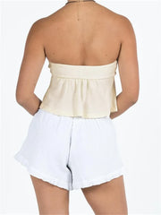 Strapless Ruffles Ribbed Tube for  Summer Off Shoulder Front Lace-up Slim Fit Solid Mini Vest New Crop Top