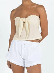 Strapless Ruffles Ribbed Tube for  Summer Off Shoulder Front Lace-up Slim Fit Solid Mini Vest New Crop Top